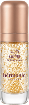 Hérmonic Multi Lifting Golden Serum w przezroczystej butelce ze złotymi drobinkami i miedzianą nakrętką, widok z przodu.