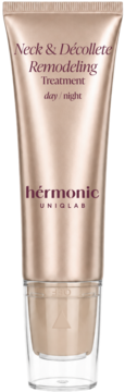 Hermonic Uniglas Neck & Décollete Remodeling Treatment, szampanowa tuba, dzień/noc, z przezroczystą podstawą.
