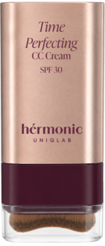 Hérmonic Time Perfecting CC Cream SPF 30, miedziano-burgundowe opakowanie z pędzelkiem, front.