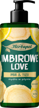 Zielone mydło w płynie Herbapol Imbirowe Love Imbir & Yuzu, z czarną pompką i grafiką cytrusów, widok z przodu.