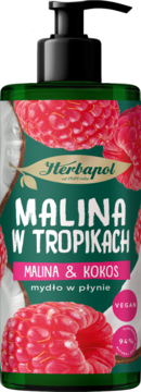 Zielona butelka mydła Herbapol Malina & Kokos, z czarną pompką, z grafiką malin i kokosa z przodu.