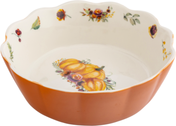 Ceramiczna miska dekoracyjna w jesienne dynie i kwiaty, z falistym brzegiem, pomarańczowo-kremowa, widok z góry.
