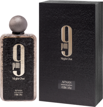 Unisex ekstrakt perfum Afnan 9 PM Night Out: czarna butelka i pudełko z logo 9 pm na jasnym tle.