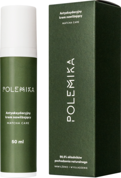 Polemika Antyoksydacyjny krem nawilżający Matcha Care 50ml w ciemnozielonej butelce z białym dozownikiem, obok pudełko.