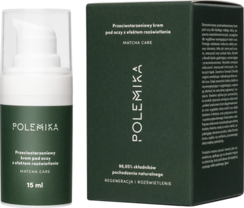 Polemika Przeciwstarzeniowy krem pod oczy Matcha Care 15ml, biała butelka z pompką i zielone pudełko, przód.