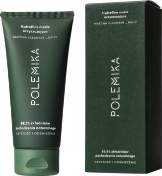 Ciemnozielone masło oczyszczające Polemika Matcha Daily w tubce i kartoniku, widok z przodu.