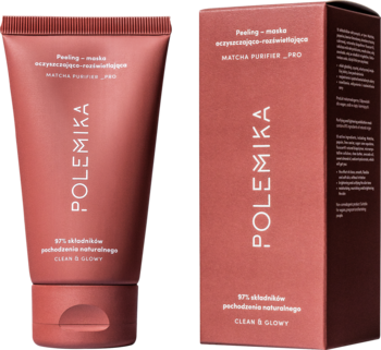 Polemika Peeling + Maska Matcha Purifier Pro, 97% naturalny, w brązowej tubce i pudełku, widok z przodu.