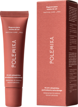 Regenerująca maska do ust Polemika w terakotowej tubce i pudełku MATCHA CARE_PRO, widok z przodu.