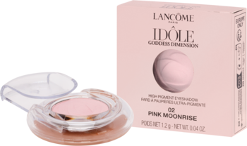 Lancôme Idôle Goddess Dimension Pink Moonrise, różowy cień do powiek 1.2g, otwarty kompakt, obok pudełko.