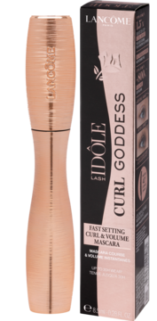 Lancôme Idôle Lash Curl Goddess Mascara w różowo-złotej ryflowanej tubce z czarnym pudełkiem obok, widok z przodu.