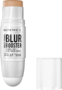 Rimmel London Blur Booster Multi-Tasker, biały sztyft primer-tint z beżową końcówką, otwarty, na brązowym tle.