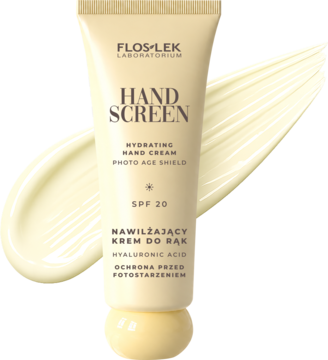 Krem do rąk Floslek Hand Screen SPF 20 w beżowej tubce, z rozmazem kremu w tle. Nawilżający.