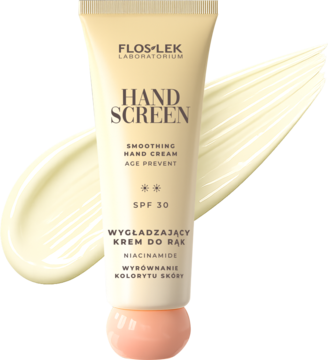 Flos-Lek Hand Screen krem do rąk SPF 30 z niacynamidem w beżowej tubce, widok z przodu.