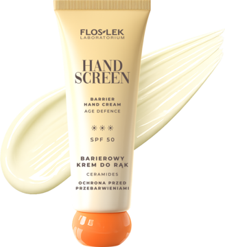 Krem do rąk Floslek Hand Screen SPF 50 z ceramidami w beżowej tubce, obok widoczny kremowy swatch.
