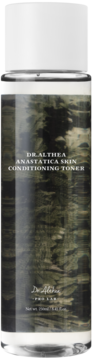 Dr. Althea Anastatica Toner, przezroczysta butelka z białym korkiem, zielonym tłem etykiety i białym napisem, widok z przodu.