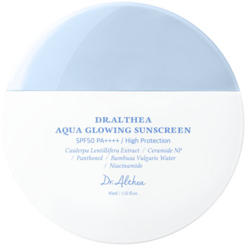 Dr.Althea Aqua Glowing Sunscreen SPF50 PA++++ w okrągłym, białym opakowaniu z błękitną pokrywką, widok z przodu.
