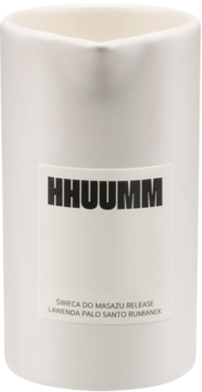 Biała świeca do masażu HHUUMM release, cylindryczny pojemnik z wylewką, etykieta: lawenda, palo santo, rumianek.
