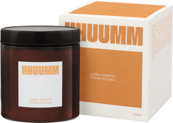 Hhuumm Jaśmin i Nagietek peeling cukrowy: brązowy słoik z czarną nakrętką i biało-pomarańczowe pudełko.