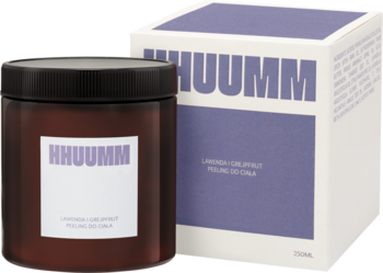 Hhuumm Lawenda i Grejpfrut cukrowy peeling do ciała w brązowym słoiku z czarną nakrętką, obok białego pudełka.