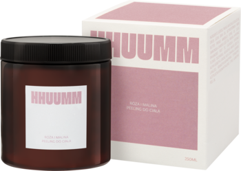 Brązowy słoik peelingu Hhuumm Róża i Malina i białe pudełko z różowymi napisami, widok z przodu.