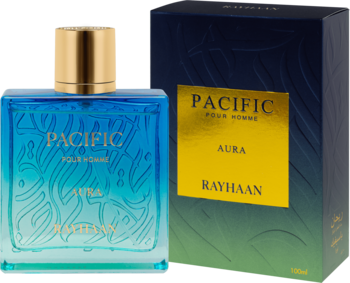 Rayhaan Pacific Aura woda perfumowana męska: błękitna butelka z deseniem i złotą zatyczką, obok pudełko, widok z przodu.