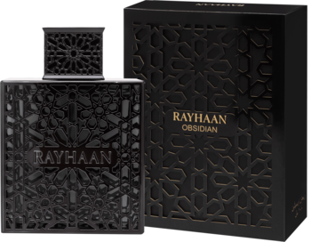 Męska woda perfumowana Rayhaan Obsidian, czarna butelka i pudełko z orientalnym wzorem, widok pod kątem.