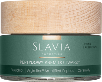 Slavia Cosmetics Peptydowy krem do twarzy przeciwzmarszczkowy, zielony słoik z drewnianą nakrętką, widok z przodu.