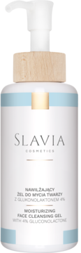 Biały żel do mycia twarzy Slavia Cosmetics z 4% glukonolaktonem, z drewnianym korkiem, widok z przodu.