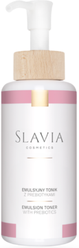 Biały Emulsyjny Tonik z prebiotykami Slavia Cosmetics, widok z przodu, z białą pompką i drewnianą szyjką.