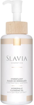 Slavia Cosmetics Hydrophilic Cleansing Oil 100ml, with saffron, white bottle, wooden cap, front.