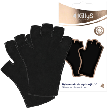 Czarne rękawiczki UV KillyS do manicure, bez palców, widoczne opakowanie, dla ochrony dłoni UPF 50+.