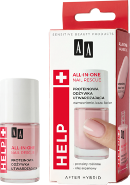 AA Nail Rescue, proteinowa odżywka utwardzająca paznokcie. Różowa butelka i biało-czerwone opakowanie, widok przód.