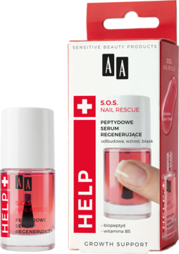 AA S.O.S. Nail Rescue, różowe serum regenerujące w butelce obok czerwono-białego pudełka.