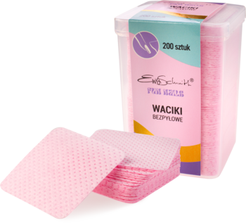Różowe, prostokątne waciki bezpyłowe Ewa Schmitt FUN CARE 200 szt. w przezroczystym pojemniku i obok niego.