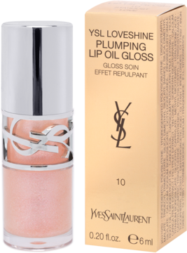 YSL Loveshine Plumping Lip Oil Gloss, jasnoróżowy błyszczyk z brokatem obok złotego pudełka z nazwą.