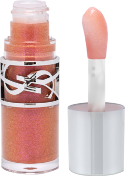 Błyszczyk YSL Loveshine Honey Moon, opalizujący różowo-złoty, obok aplikator, butelka z logo YSL.