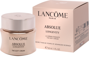 Krem regenerujący Lancôme Absolue The Soft Cream, złoto-różowy słoiczek z metalową pokrywką i pudełko, widok z przodu.