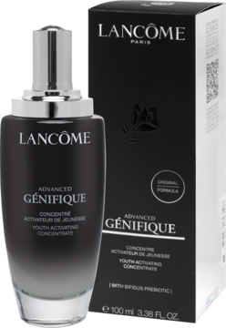 Lancôme Advanced Génifique Youth Activating Concentrate: czarna butelka z srebrną pompką, obok czarne opakowanie, widok z przodu.