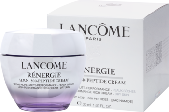 Krem Lancôme Rénergie H.P.N. 300-Peptide w szklanym słoiczku z fioletowym spodem, z białym opakowaniem w tle.