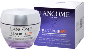 Przeciwstarzeniowy krem Lancôme Rénergie H.P.N. UVMUNE SPF 50 w fioletowym słoiczku i pudełku, widok z przodu.