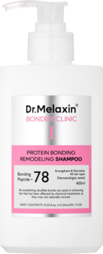 Szampon Dr.Melaxin BONDEX CLINIC Protein Bonding Remodeling w białej butelce z pompką, różowo-biała etykieta, widok z przodu.