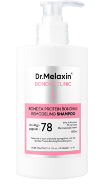 Dr. Melaxin Bondex Protein Bonding Shampoo 400ml, biała butelka z różową etykietą, widok z przodu.