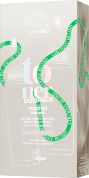 OnlyBio DUOPACK toner coconut cream for cool blonde hair, light box with bottle outlines, front view.