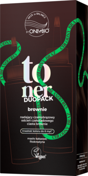 Pionowe opakowanie tonera do włosów ONLYBIO DUOPACK w odcieniu brownie, nadające czarnobrązowy kolor, widok z przodu.