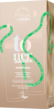 OnlyBio toner duopack waniliowy do włosów blond, trwałość koloru do 8 myć, beżowe opakowanie, przód.