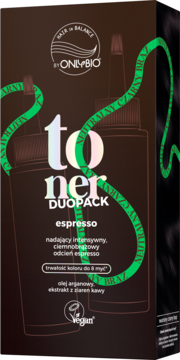 Ciemnobrązowe opakowanie OnlyBio toner Duopack Espresso do włosów, z zielonymi akcentami i napisem Vegan.