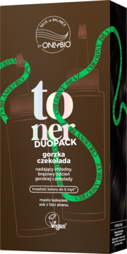 Toner OnlyBio Duopack Gorzka Czekolada, chłodny brąz, w brązowym kartoniku z napisem Vegan, widok z przodu.