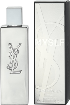 Perfumy męskie Yves Saint Laurent Myslf L'Absolu, srebrna butelka i pudełko stojące pionowo.