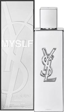 Perfumy męskie Yves Saint Laurent Myslf L'Absolu w srebrnej butelce z wytłoczonym logo YSL oraz pasujące pudełko.