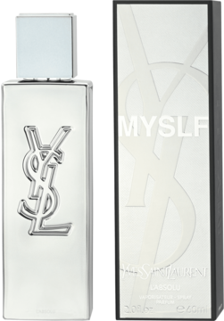YSL Myslf L'Absolu perfumy męskie drzewno-kwiatowe: srebrna butelka z logo i białe pudełko, widok z przodu.